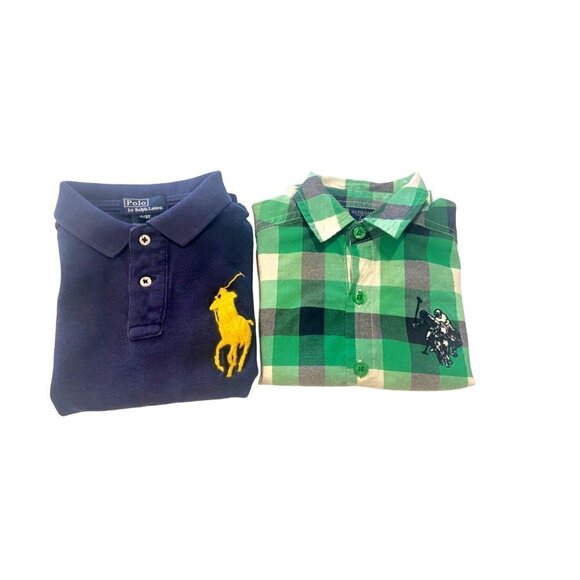 Ralph Lauren Green Plaid & Blue Polo Shirt, Big Logo, Toddlers Boys 3T, Lot - Picture 2 of 9